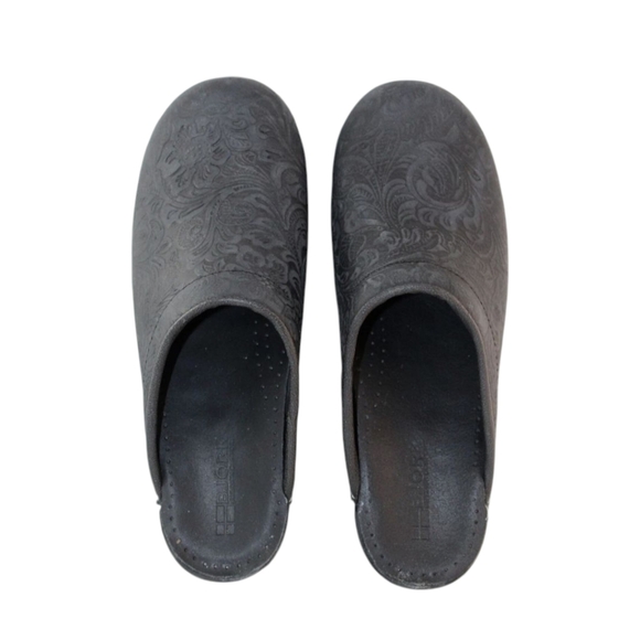 Bjork Swedish Comfort Tooled Leather Black Patterned Clogs Sz 10 - Picture 3 of 10